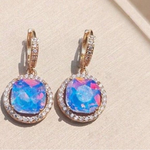 Glam Purple Milky Opalite, Round Cubic Zirconia Iridescent Gold tone Earrings - Picture 7 of 10